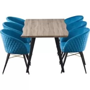 Life Interiors - 7 Pieces Vittorio Rocco Dining Set - a Walnut Rectangular Dining Table and Set of 6 Blue Dining Chairs - Blue