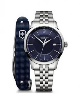 Victorinox Victorinox Swiss Made Alliance Blue Sapphire Glass 40Mm Date Dial Stainless Steel Bracelet Watch And Swiss Army Knife Gift Set
