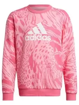 Boys, adidas Future Icons Junior Girls All Over Print Crew Sweat Top - Dark Pink Size 9-10 Years