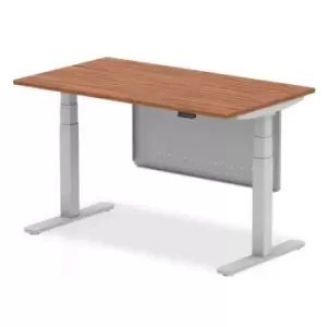 Air 1400 x 800mm Height Adjustable Desk Walnut Top Silver Leg With Silver Steel Modesty Panel