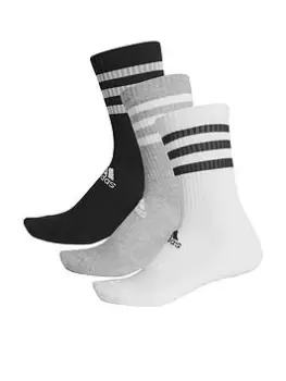 adidas 3 Stripe Cushion Crew 3 Pack Socks - Grey/White/Black, Size S, Men