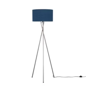 Camden Brushed Chrome Tripod Floor Lamp with XL Navy Blue Reni Shade