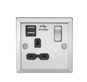 KnightsBridge 13A 1G Switched Socket Dual USB Charger Slots with Black Insert - Bevelled Edge Polished Chrome