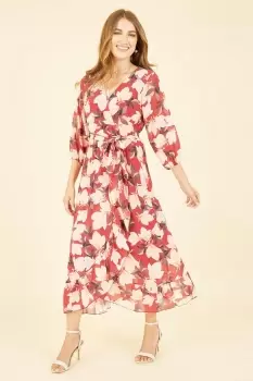 Red Blossom Wrap Midi Dress With 3/4 Sleeves