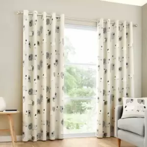 Fusion Dotty Sheep Print 100% Cotton Eyelet Lined Curtains, Natural, 90 x 90 Inch