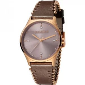 Esprit Drops Womens Watch featuring a Dark Brown Leather Strap and Dark Pink Dial