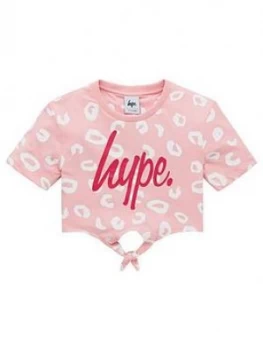 Hype Girls Leopard Knotted Cropped Short Sleeve T-Shirt - Pink, Size Age: 11-12 Years, Women