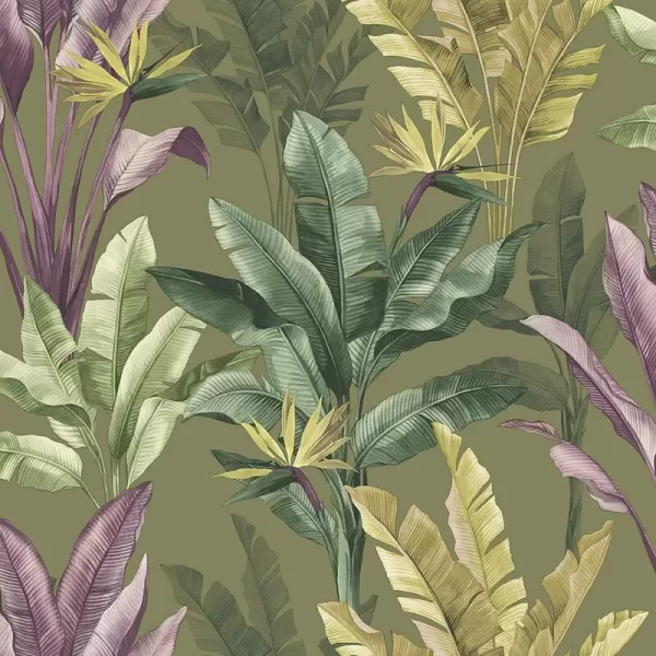Rasch Akari Madagascar Leaf Wallpaper Tropical Banana Palm Tree Leaves Flowers 282886 Olive Green Purple - Olive Green Purple