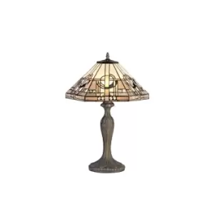 2 Light Curved Table Lamp E27 With 40cm Tiffany Shade, White, Grey, Black, Clear Crystal, Aged Antique Brass