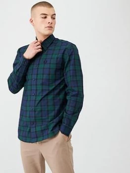 Fred Perry Button Through Tartan Shirt - Navy/Green, Tartan Green, Size 2XL, Men