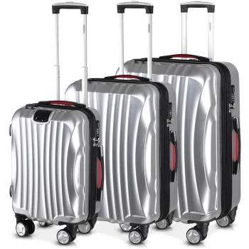 Suitcase Set 3 Pieces Trolley USB Power Bank Carry On TSA Hand Cabin Luggage Hard Shell Travel Bag Lightweight Wheels 3 Pcs Set Silver - Monzana
