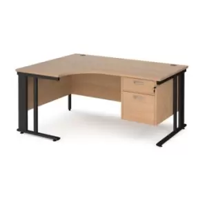Office Desk Left Hand Corner Desk 1600mm With Pedestal Beech Top With Black Frame 1200mm Depth Maestro 25 MCM16ELP2KB