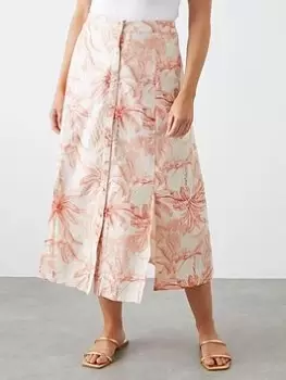 Dorothy Perkins Palm Print Button Through Midi Skirt - Pink, Size 8, Women