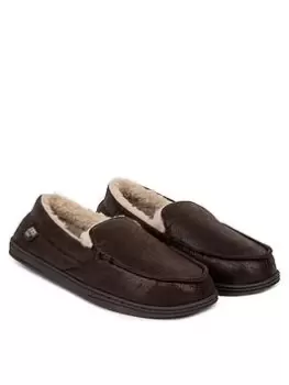 TOTES Distressed Moccasin Slippers with Check Sock Interior, Chocolate, Size 11, Men