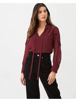 Oasis Lace Trim Pussybow Blouse - Burgundy, Size 10, Women