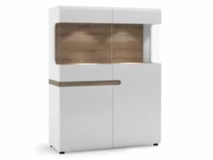 Furniture To Go Chelsea White High Gloss and Truffle Oak Low 109cm Wide Display Cabinet Flat Packed