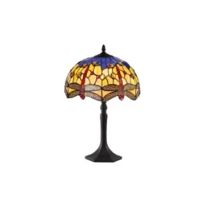 1 Light Octagonal Table Lamp E27 With 30cm Tiffany Shade, Blue, Orange, Crystal, Aged Antique Brass