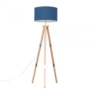 Willow Light Wood Tripod Floor Lamp with XL Navy Blue Reni Shade