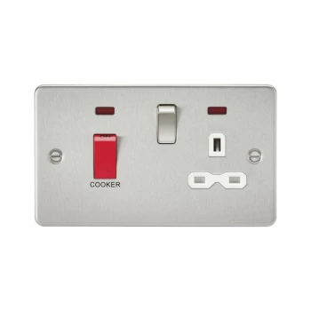 Flat plate 45A DP switch and 13A switched socket with neon - brushed chrome with white insert - Knightsbridge
