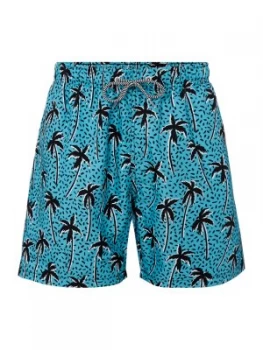 Mens Boardies Flair Palm Print Mid Length Swim Short Blue