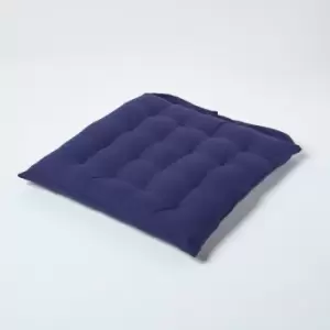 HOMESCAPES Navy Blue Plain Seat Pad with Button Straps 100% Cotton 40 x 40 cm