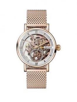 Ingersoll Ingersoll 1892 The Herald White And Rose Gold Skeleton Automatic Dial Ros Gold Stainless Steel Mesh Strap Watch