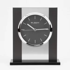 WM WIDDOP Black Glass & Brushed Aluminium Mantel Clock