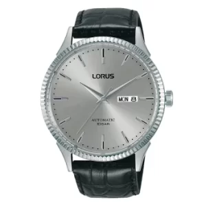 Mens Automatic Watch with Black Leather Strap & Grey Sunray Dial