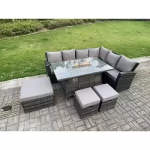 Fimous - 9 Seater Outdoor High Back Rattan Gas Fire Pit Corner Sofa Set Garden Furniture Heater Dining Table Set Footstools Dark Grey Mixed Right Hand