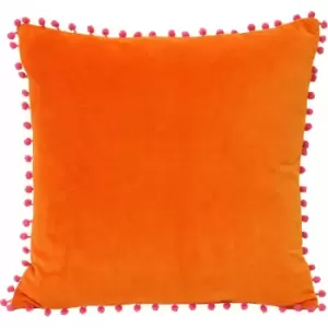 Riva Paoletti - Faux Velvet Pom Pom Fringe 100% Cotton Cushion Cover, Orange/Fuchsia, 45 x 45 Cm