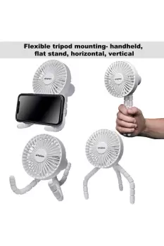 Rechargeable 4 Way Portable Lightweight Fan with LED Light for Pram Fan, Car Seat, Desk, Office, Travel Fans - Clip on, Handheld, Tripod & Phone Holde