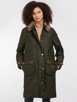 Barbour Barbour Golspie Detachable Faux Fur Collar Tartan Lined Quilted Wax Coat - Olive, Green, Size 18, Women