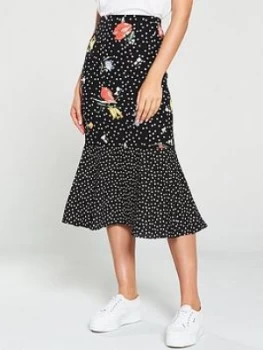 Oasis Daisy Patched Bias Peplum Skirt - Black, Size 12, Women