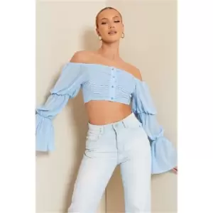 I Saw It First Baby Blue Chiffon Button Front Milk Maid Crop Top - Blue