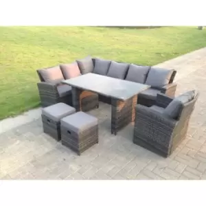 Fimous 9 Seater High Back Rattan Garden Furniture Set Corner Sofa With Black Tempered Dining Table 2 Stools With Arm Chair