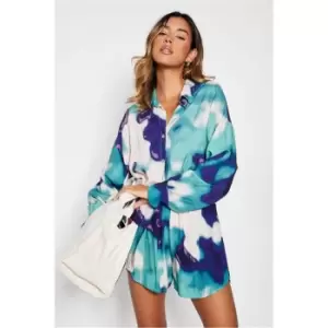 I Saw It First Abstract Printed Long Sleeve Button Front Oversized Shirt Co Ord - Blue
