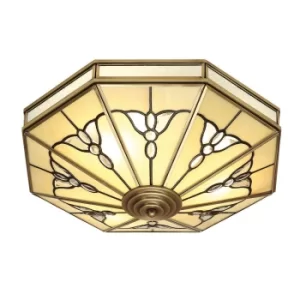 Gladstone 4 Light Ceiling Flush Light Antique Brass, Tiffany Glass, E27