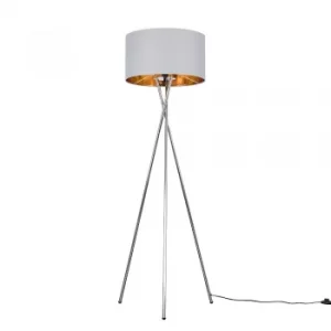 Camden Chrome Tripod Floor Lamp with XL Grey and Gold Reni Shade
