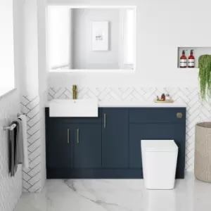 1500mm - 1800mm Blue Toilet and Sink Unit with Matt Worktop and Brushed Brass Fittings - Coniston