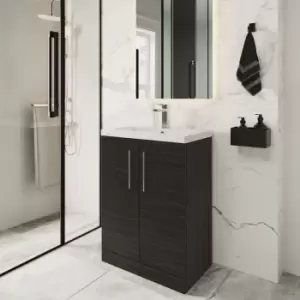 Arno Compact Floor Standing 2-Door Vanity Unit with Polymarble Basin 600mm Wide - Charcoal Black Woodgrain - Nuie