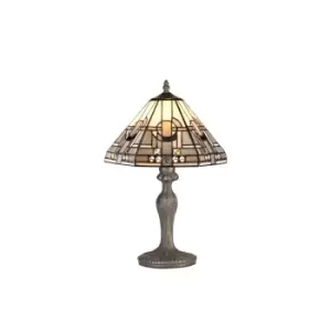 1 Light Curved Table Lamp E27 With 30cm Tiffany Shade, White, Grey, Black, Clear Crystal, Aged Antique Brass