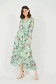 Mint Green Floral Butterfly Wrap High Low Dress
