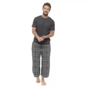 Foxbury Mens Short Sleeve T-Shirt And Checked Bottoms Pyjama Set (M) (Grey Check)
