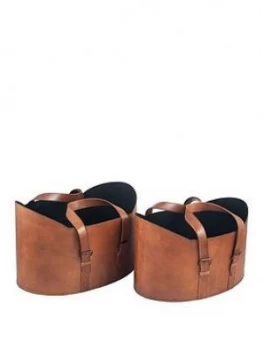 Pacific Lifestyle Set Of 2 Vintage Brown Leather Handled Storage