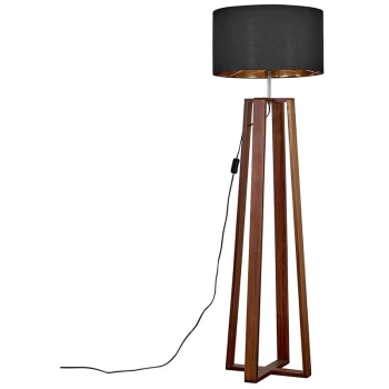 Beltan 4 Leg Floor Lamp in Dark Wood with Reni Shade - Black & Gold - No Bulb