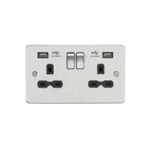 Flat plate 13A 2G switched socket with dual USB charger (2.4A) - brushed chrome with Black insert - Knightsbridge