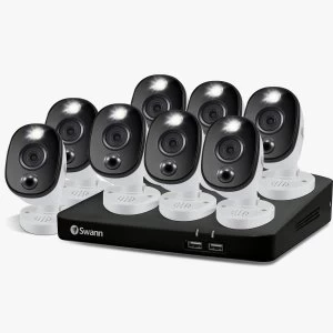 Swann CCTV System - 8 Channel 1080p DVR with 8 x 1080p Warning Light Bullet Cameras & 1TB HDD - works with Google Assist