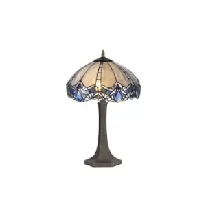 2 Light Octagonal Table Lamp E27 With 40cm Tiffany Shade, Blue, Clear Crystal, Aged Antique Brass