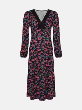 Wallis Floral Lace Jersey Dress - Black, Size 16, Women