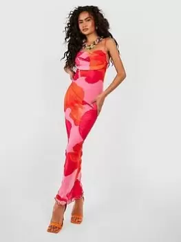 Boohoo Abstract Print Mesh Maxi Slip Dress - Orange, Size 16, Women